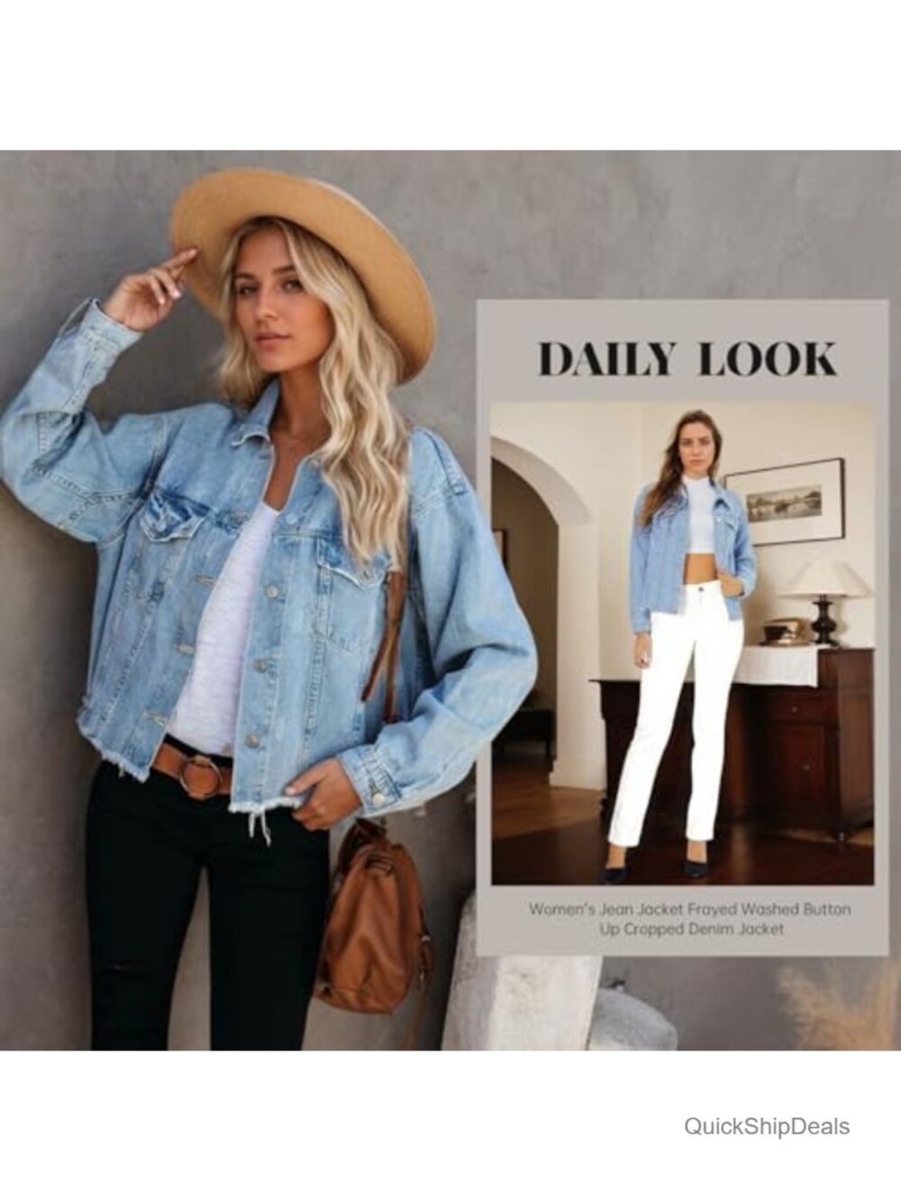 Frayed Washed Cropped Denim Jacket Button Up Jean Jacket - Picture 2 of 6